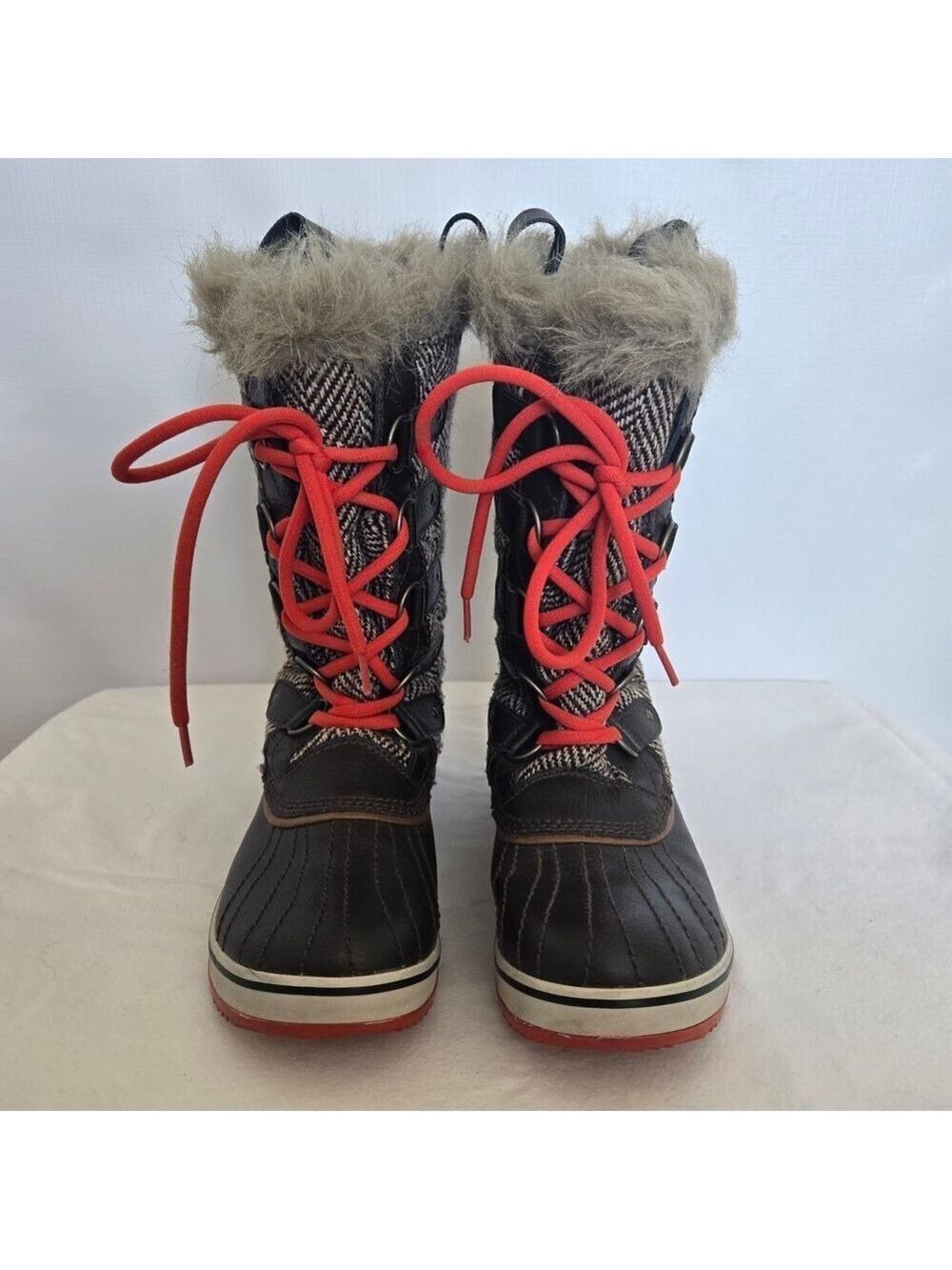 SOREL 'TOFINO CORDOVAN' BOOTS WOMEN HERRINGBONE BROWN ORANGE FAUX FUR SIZE 8